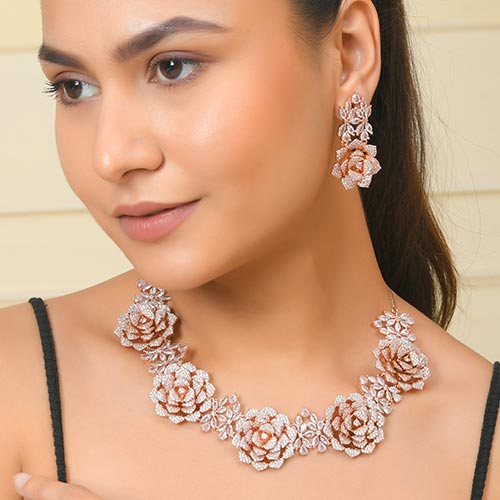 Brass Pink Floral design American Diamond Jewelry Set- Necklace with Earrings – Handcrafted Jewellery online singapore