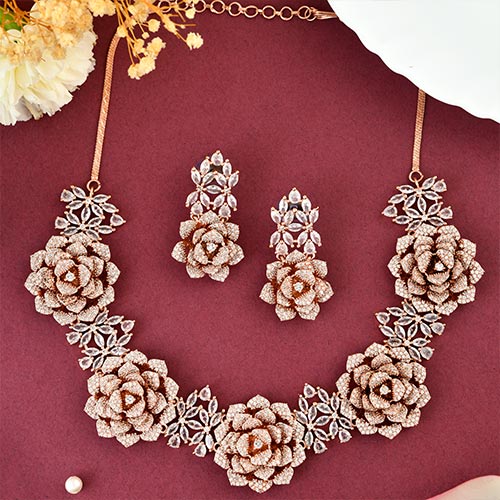 Brass Pink Floral design American Diamond Jewelry Set- Necklace with Earrings – Handcrafted Jewellery online singapore