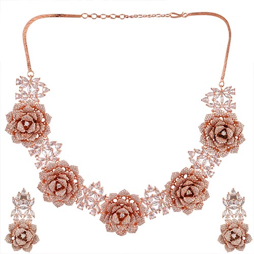 Brass Pink Floral design American Diamond Jewelry Set- Necklace with Earrings – Handcrafted Jewellery online singapore