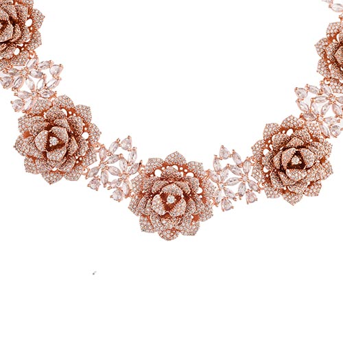 Brass Pink Floral design American Diamond Jewelry Set- Necklace with Earrings – Handcrafted Jewellery online singapore