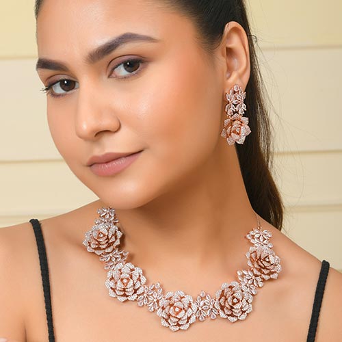 Brass Pink Floral design American Diamond Jewelry Set- Necklace with Earrings – Handcrafted Jewellery online singapore