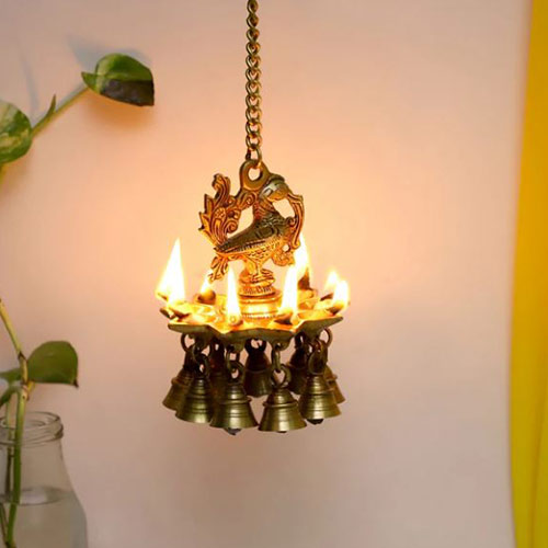 Brass Peacock Design Hanging Diya with Bells Decorative items for living room