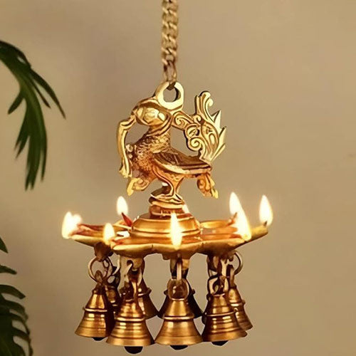 Brass Peacock Design Hanging Diya with Bells Decorative items for living room
