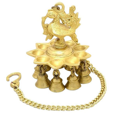 Brass Peacock Design Hanging Diya with Bells Decorative items for living room