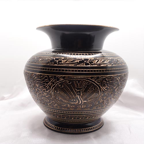 Artisanal Bidri Nakkashi ( 8 Inches) Black carved Brass Flower Pot Collectible Art, Perfect for Home Decoration and Gifting Handicraft items online