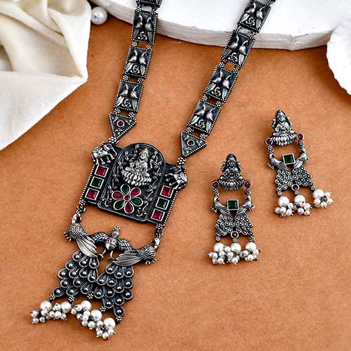 Oxidized Silver Plated Red and Green Monalisa Stones White Pearls Brass Laxmi Set Affordable jewellery singapore