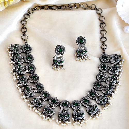 Oxidized Silver Plated Green Monalisa Stones White Pearls Brass Choker Set Jewellery online singapore