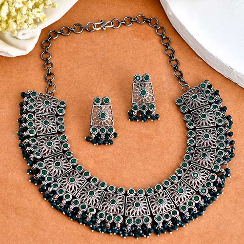 Oxidized Silver Plated Green Monalisa Stones With Green Pearls Brass Choker Set Online jewellery shopping