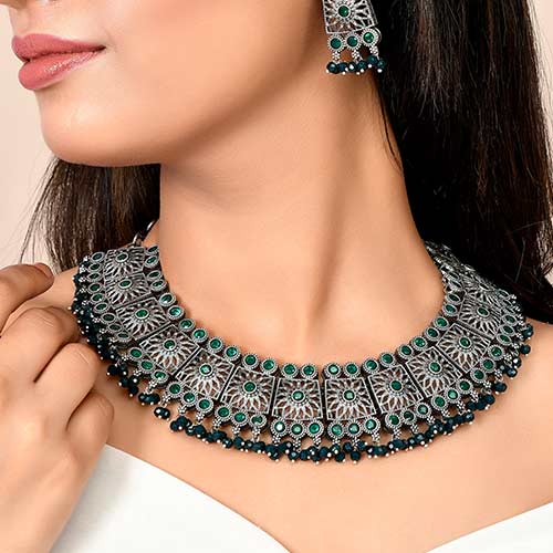 Oxidized Silver Plated Green Monalisa Stones With Green Pearls Brass Choker Set Online jewellery shopping