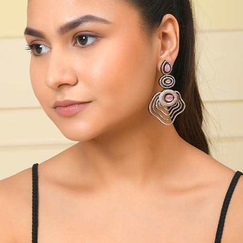 Gold Silver and Pink Stone Dangler Earrings Affordable jewellery singapore