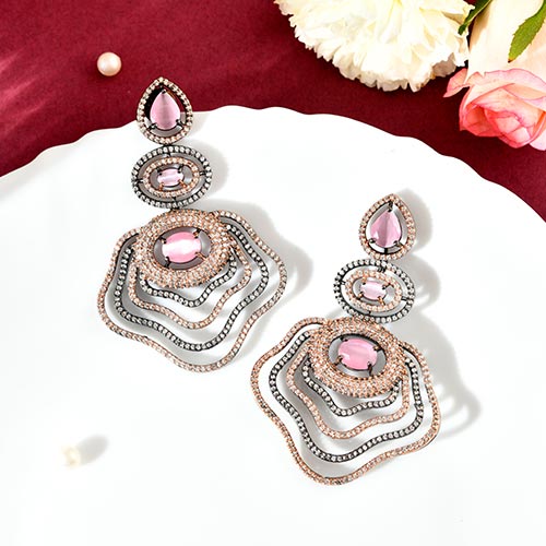 Gold Silver and Pink Stone Dangler Earrings Affordable jewellery singapore