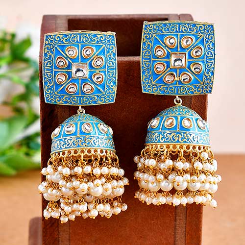 Meenakari And Kundan With Pearls Blue Brass Earring Online jewellery shopping