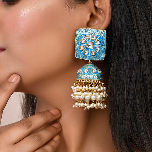 Meenakari And Kundan With Pearls Blue Brass Earring Online jewellery shopping