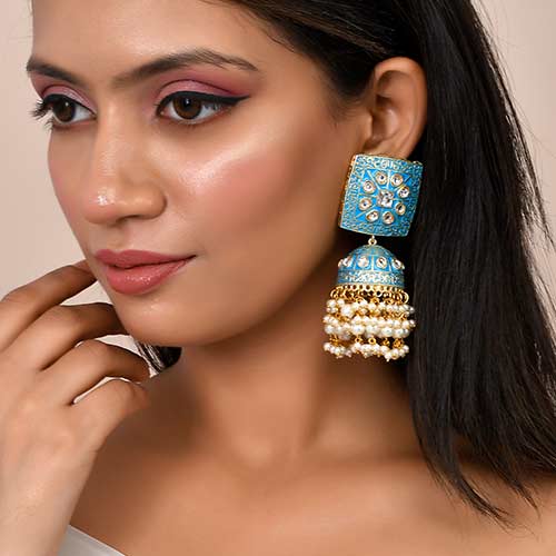 Meenakari And Kundan With Pearls Blue Brass Earring Online jewellery shopping