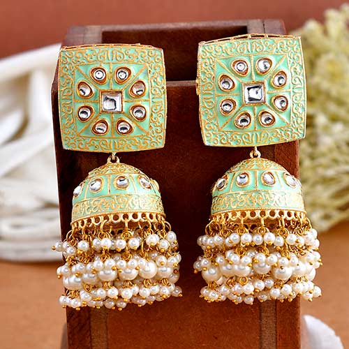 Meenakari And Kundan With Pearls Green Brass Earring Affordable jewellery singapore