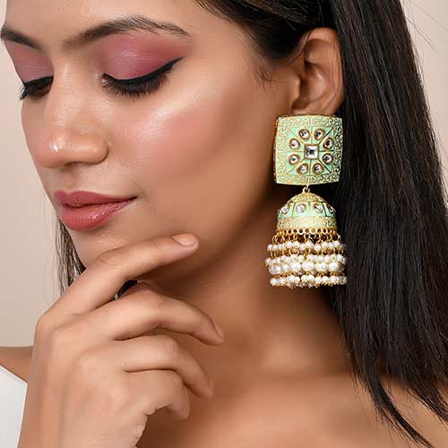 Meenakari And Kundan With Pearls Green Brass Earring Affordable jewellery singapore