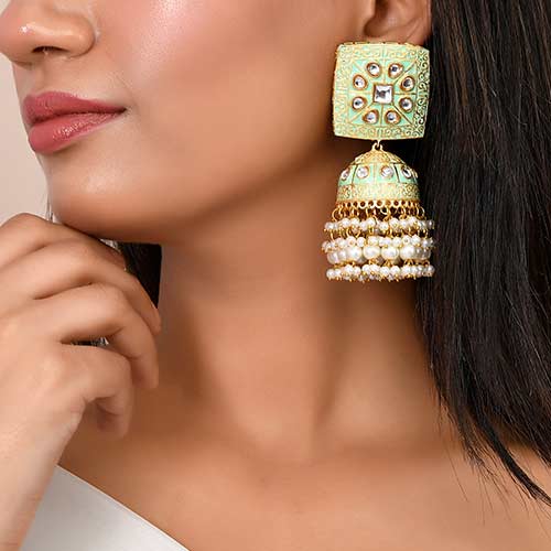 Meenakari And Kundan With Pearls Green Brass Earring Affordable jewellery singapore