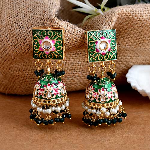 Meenakari Brass And Kundan With Pearls And Green Monalisa Stones Earring Online jewellery shopping