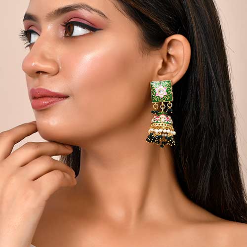 Meenakari Brass And Kundan With Pearls And Green Monalisa Stones Earring Online jewellery shopping
