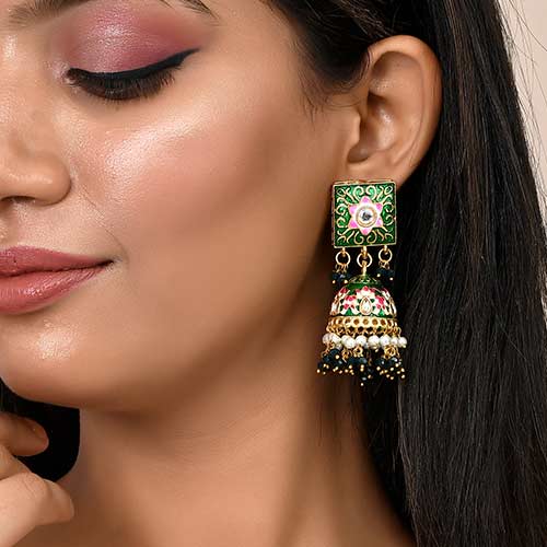 Meenakari Brass And Kundan With Pearls And Green Monalisa Stones Earring Online jewellery shopping