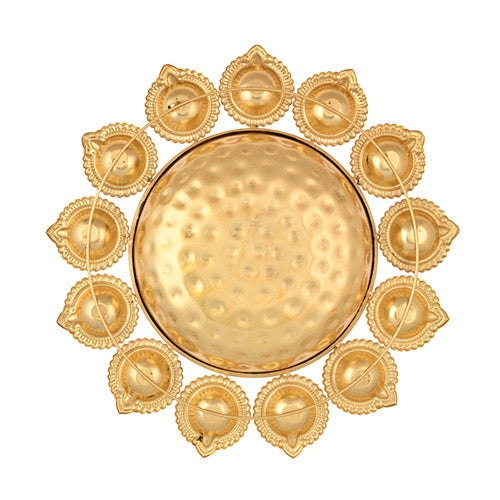 Lali’s Beautiful Golden 13 Deepaks attached Urli bowl Decorative Showpiece – (Metal, Golden) in Hammered finish Indian handicrafts online shopping