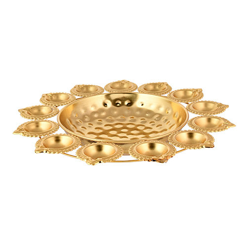 Lali’s Beautiful Golden 13 Deepaks attached Urli bowl Decorative Showpiece – (Metal, Golden) in Hammered finish Indian handicrafts online shopping