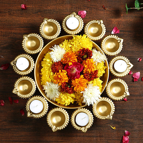 Lali’s Beautiful Golden 13 Deepaks attached Urli bowl Decorative Showpiece – (Metal, Golden) in Hammered finish Indian handicrafts online shopping