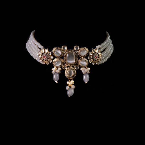 Grey Stone Gold Choker Necklace With Earrings Jewellery Set Online jewellery shopping
