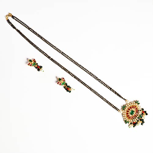 Black Multicolour Detailed Long Neckpiece Set with Earrings Affordable jewellery singapore