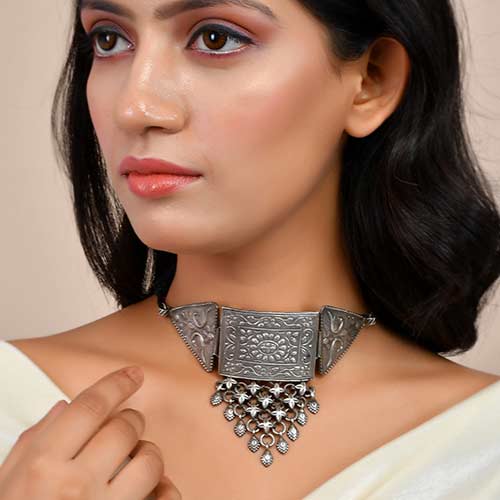 Brass Oxidised Choker Necklace in silver finish – Jewellery Jewellery online singapore