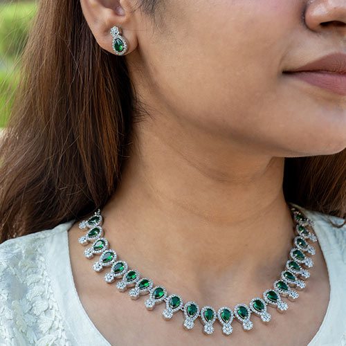 Brass Green American Diamond Jewellery Set Online jewellery shopping