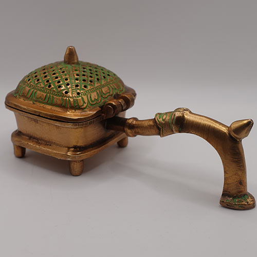 Indian handicraft Brass Lobandan Charcoal Incense Burner Bakhoor Burner with green Antique finish and Brass Handle Indian handicrafts online shopping