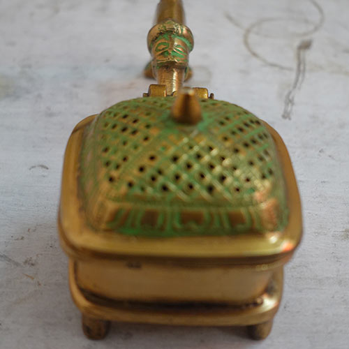 Indian handicraft Brass Lobandan Charcoal Incense Burner Bakhoor Burner with green Antique finish and Brass Handle Indian handicrafts online shopping