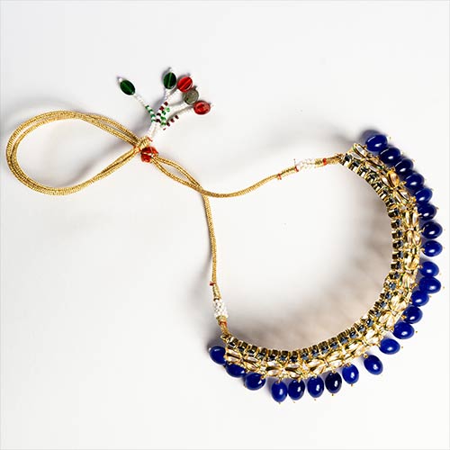Blue Ruby Stone High Gold Plated Ethnic Wear Necklace With Beautiful Jumkis
